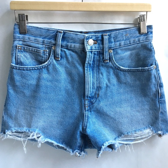 Madewell Pants - Madewell The Perfect Blue Denim Jean Short Distressed Raw Hem Size 25